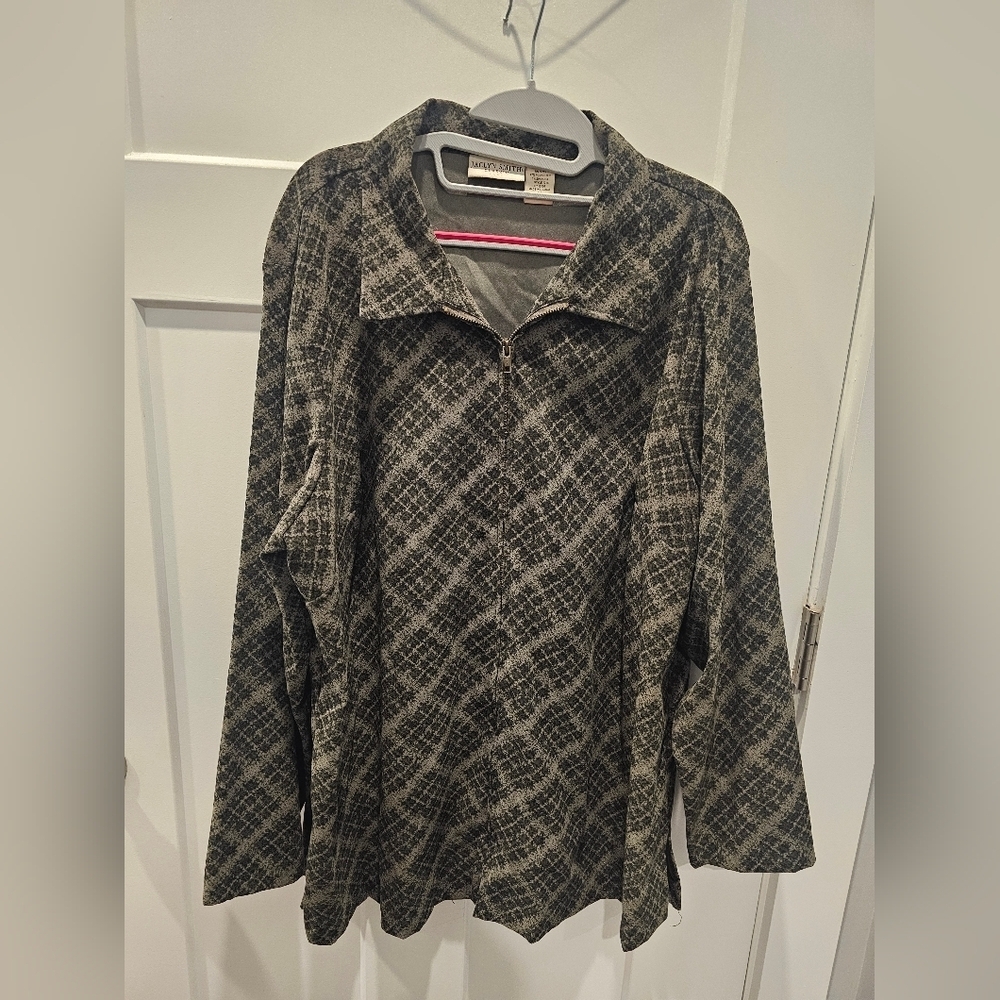 Jaclyn Smith Classic 1X Zip Front Black Grey Olive Pattern Stretch Jacket